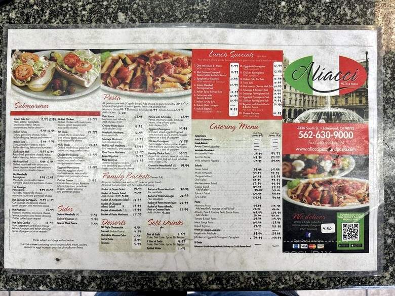 Aliacci Pizza & Pasta - Lakewood, CA menu_pic