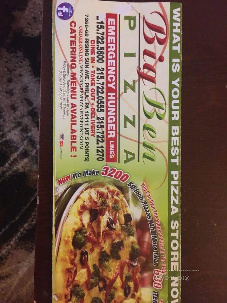 Big Ben Pizza - Philadelphia, PA menu_pic