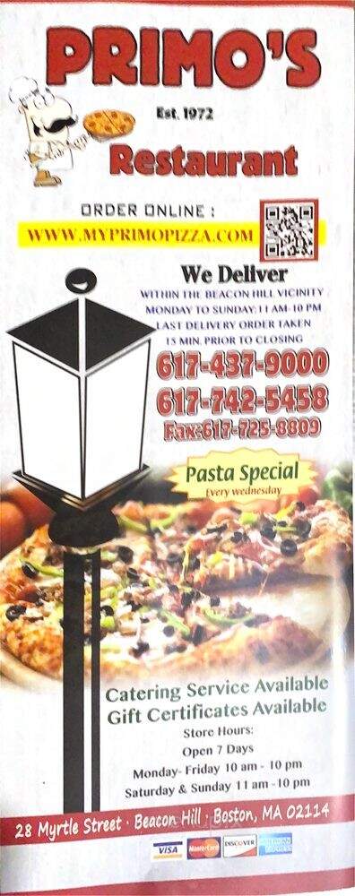 Primo's Pizza Restaurant - Boston, MA menu_pic