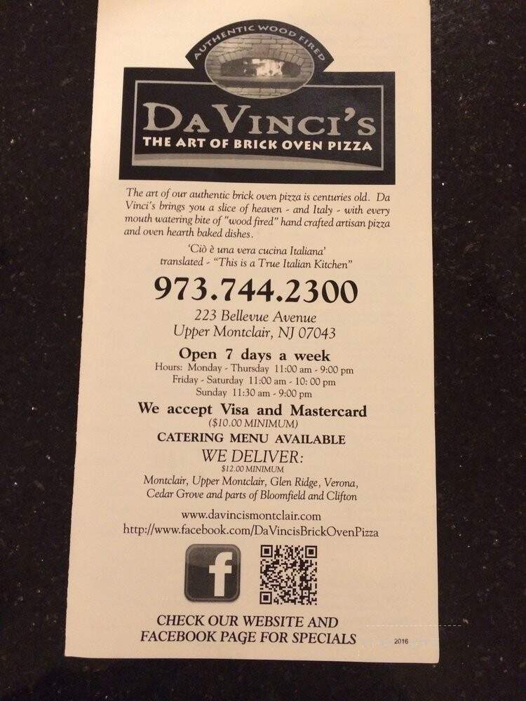Davinci's Brick Oven Pizza - Montclair, NJ menu_pic