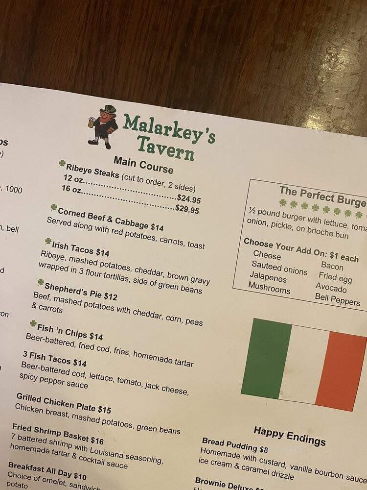 Malarky's Tavern - Dallas, TX menu_pic