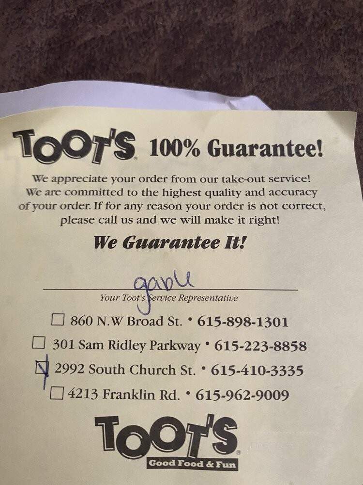 Toot's - Murfreesboro, TN menu_pic