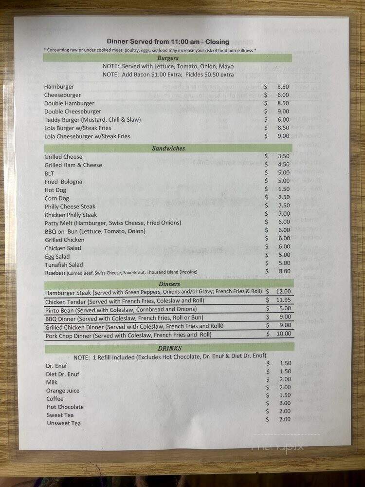Street’s Whiteway Grill Restaurant - Roan Mountain, TN menu_pic