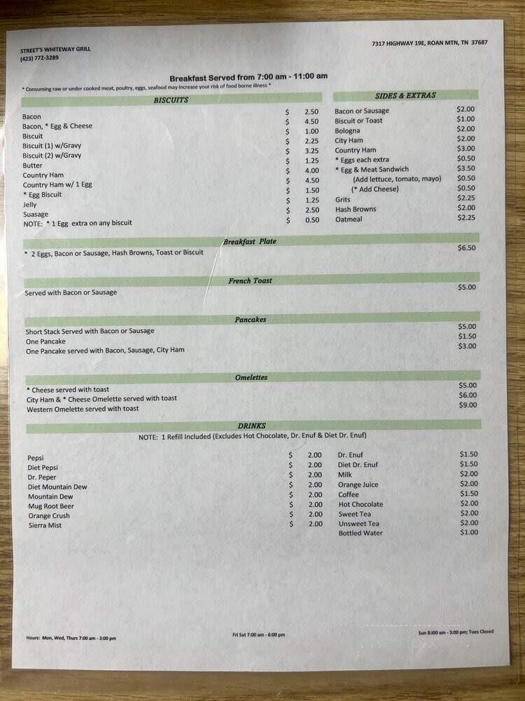 Street’s Whiteway Grill Restaurant - Roan Mountain, TN menu_pic