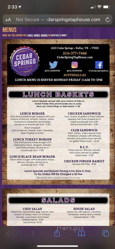 Cedar Springs Tap House - Dallas, TX menu_pic