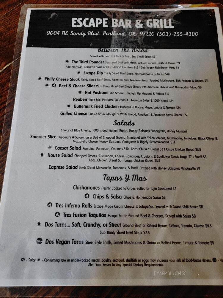 Escape Bar & Grill - Portland, OR menu_pic