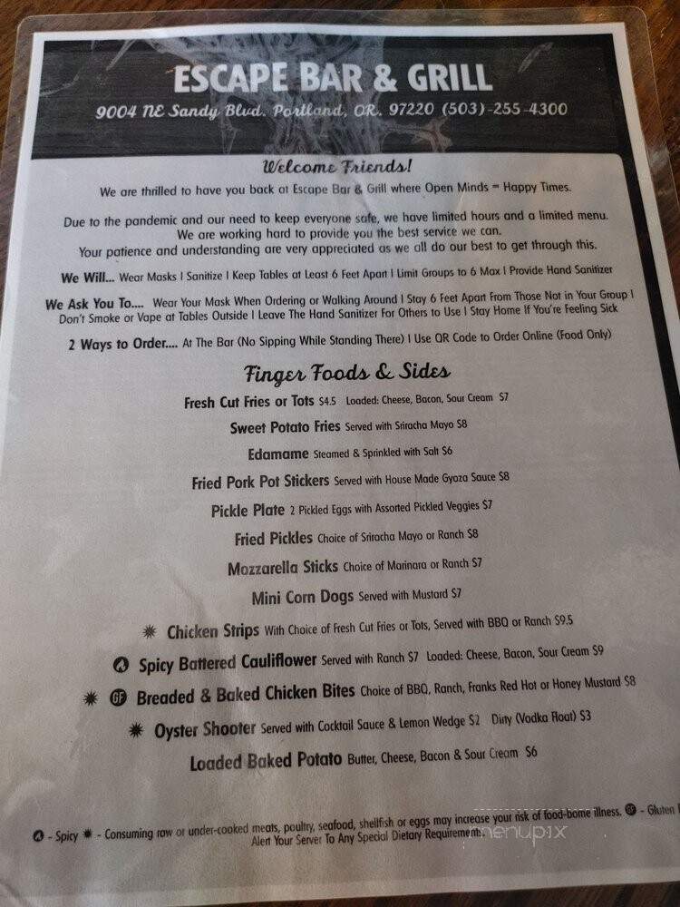 Escape Bar & Grill - Portland, OR menu_pic