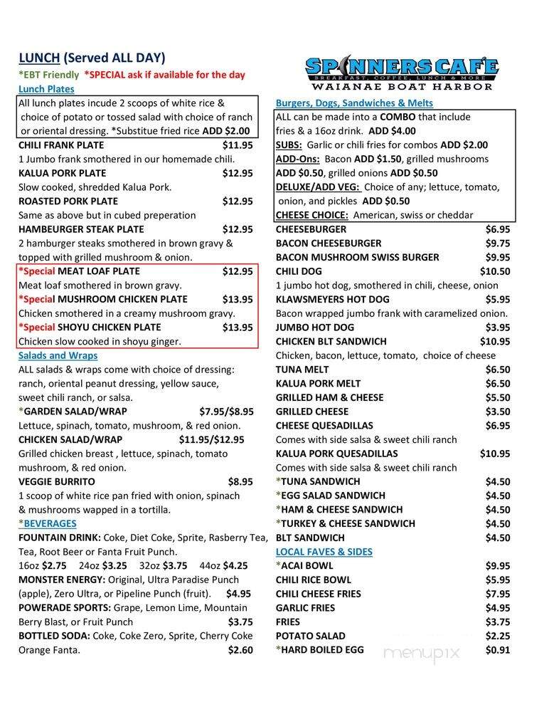 Spinners Cafe - Waianae, HI menu_pic