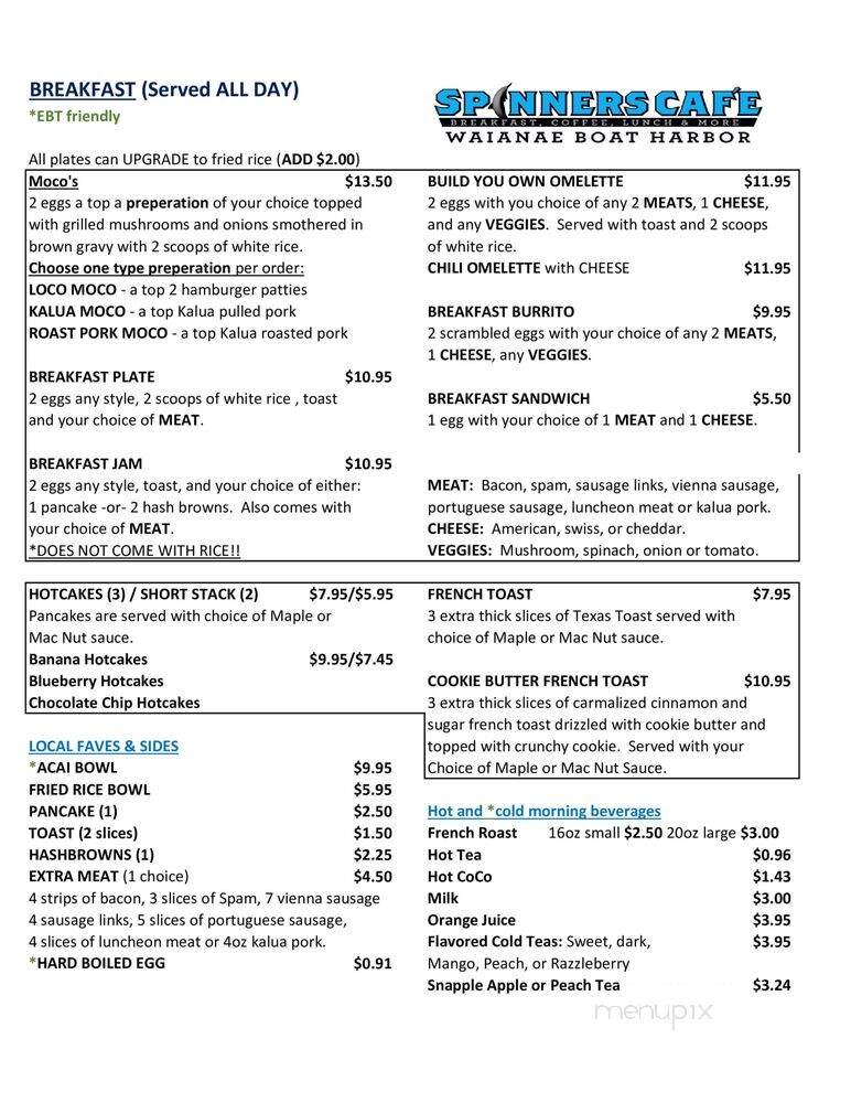 Spinners Cafe - Waianae, HI menu_pic