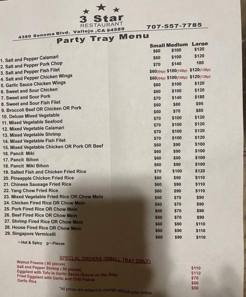 Three Stars Restaurant - Vallejo, CA menu_pic