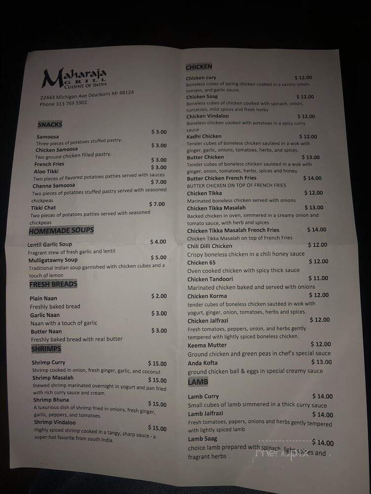 Maharaja Cuisine of India - Dearborn, MI menu_pic
