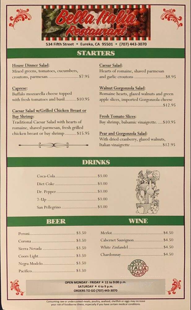 Bella Italia Restaurant - Eureka, CA menu_pic