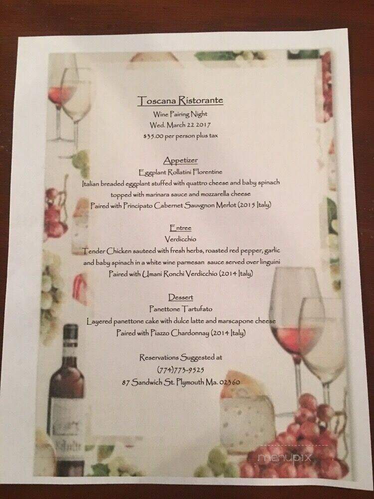 Toscana Ristorante - Plymouth, MA menu_pic
