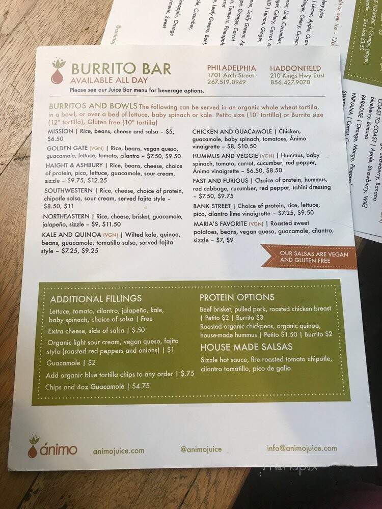 Animo Burrito & Juice Bar - Philadelphia, PA menu_pic