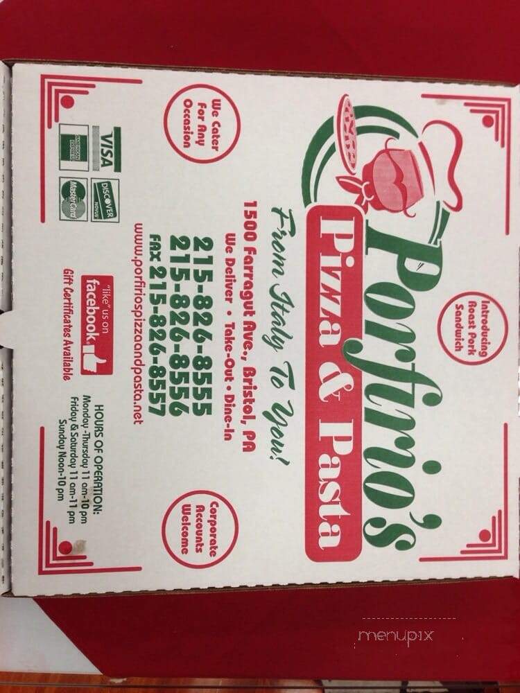 Porfirio's Pizza & Pasta - Bristol, PA menu_pic