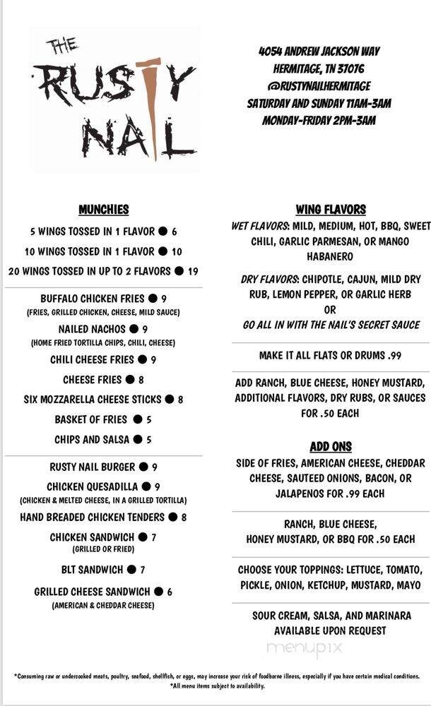Rusty Nail - Nashville, TN menu_pic