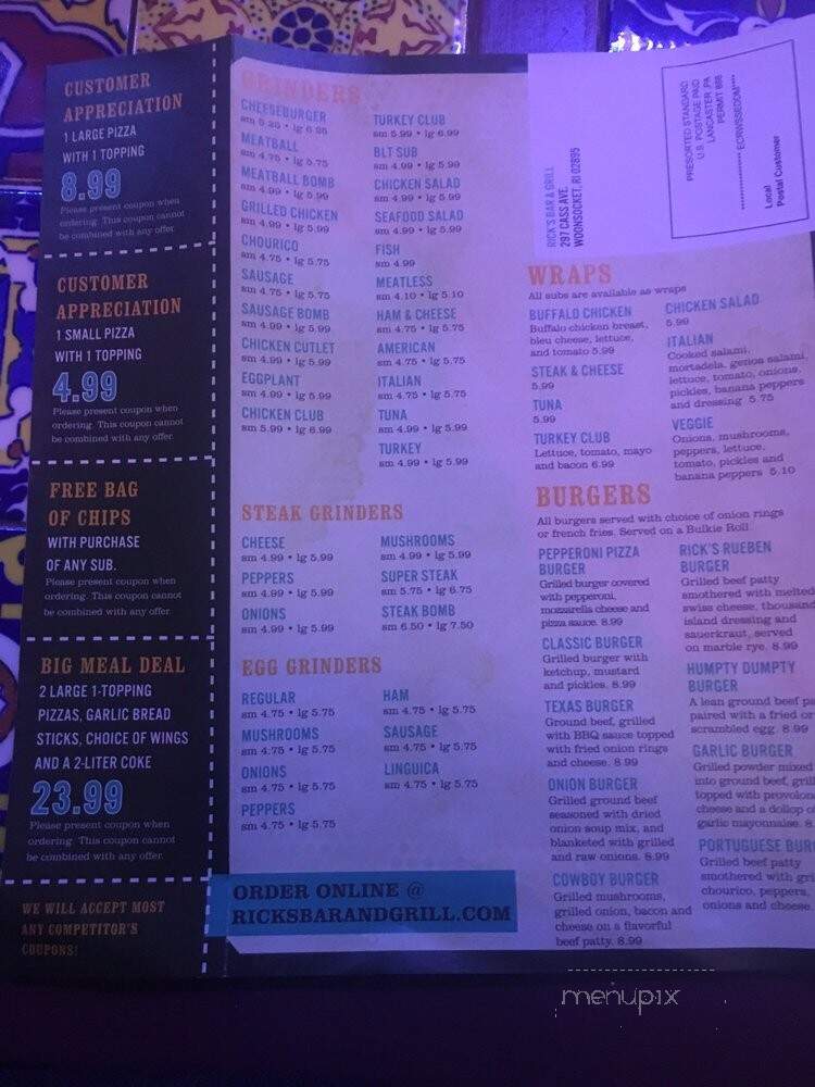 Rick's Bar and Grill - Woonsocket, RI menu_pic