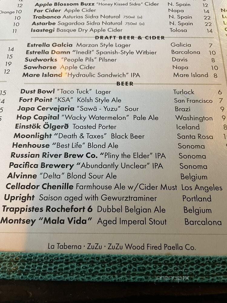 La Taberna - Napa, CA menu_pic