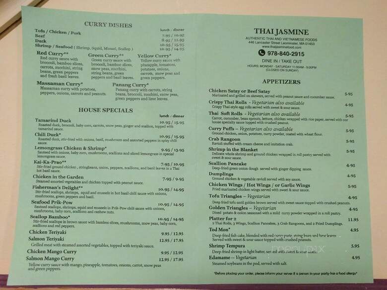 Thai Jasmine - Leominster, MA menu_pic