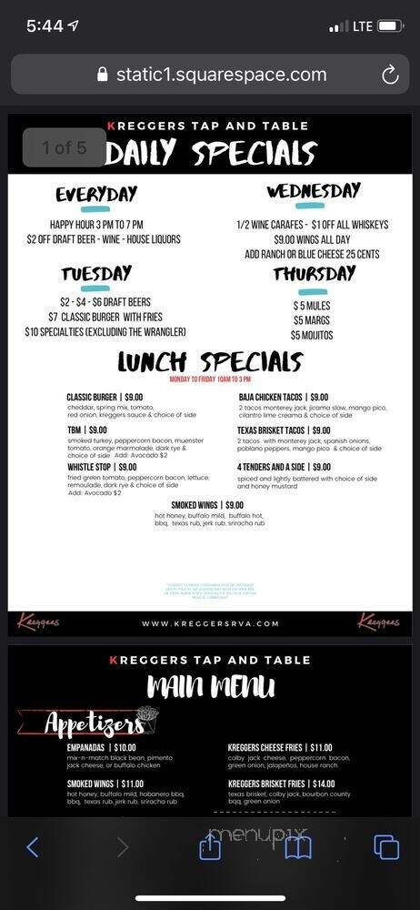 Kregger's Tap and Table - Ashland, VA menu_pic