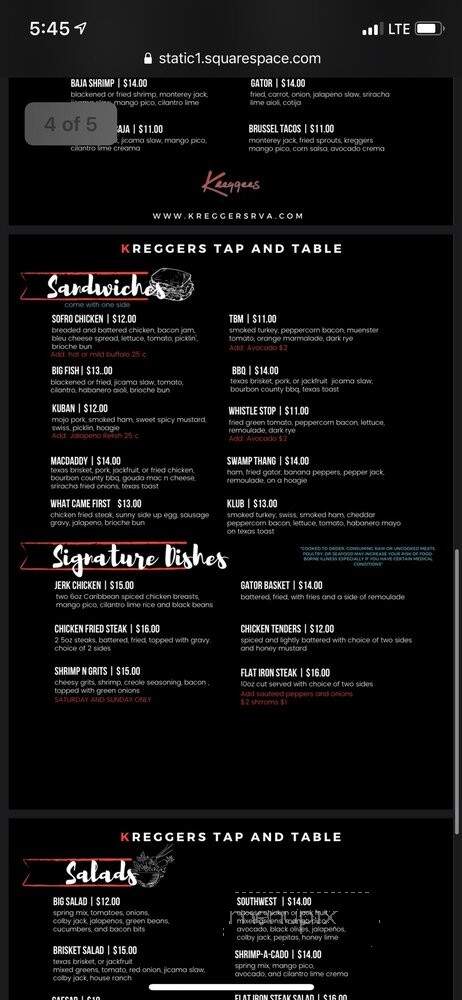 Kregger's Tap and Table - Ashland, VA menu_pic