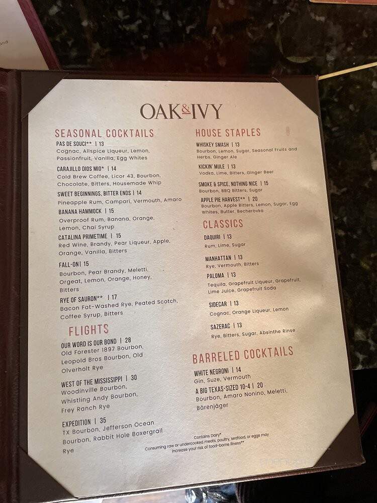 Oak & Ivy: An American Whiskey Den - Las Vegas, NV menu_pic