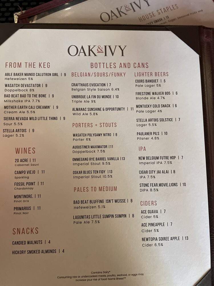 Oak & Ivy: An American Whiskey Den - Las Vegas, NV menu_pic