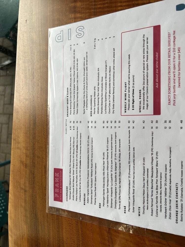 Frank Wine and Flower - Portland, OR menu_pic