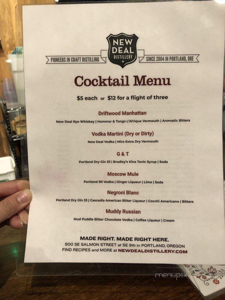 New Deal Distillery - Portland, OR menu_pic
