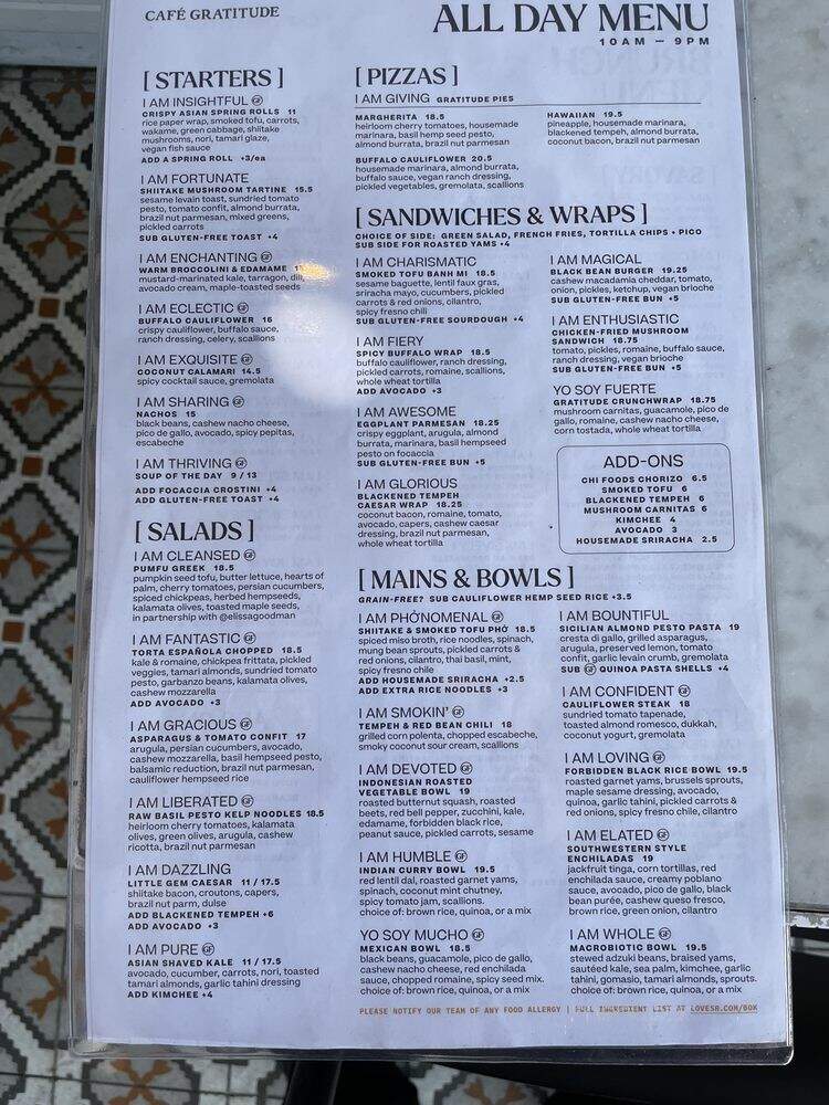 Cafe Gratitude - Los Angeles, CA menu_pic