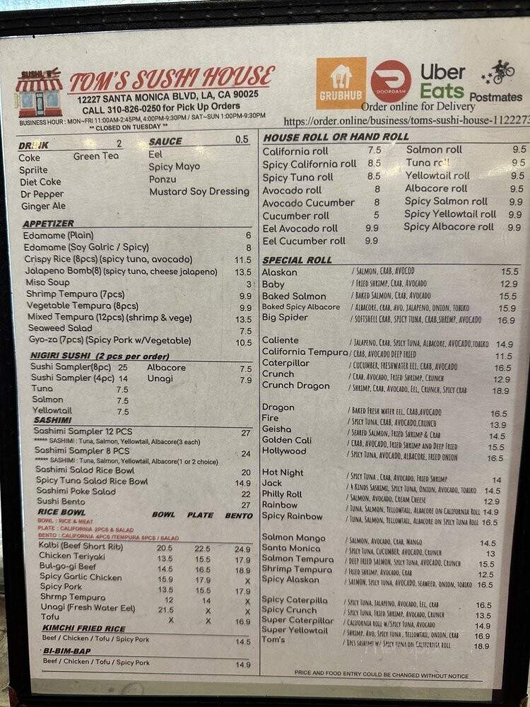 Tom's Sushi House - Los Angeles, CA menu_pic