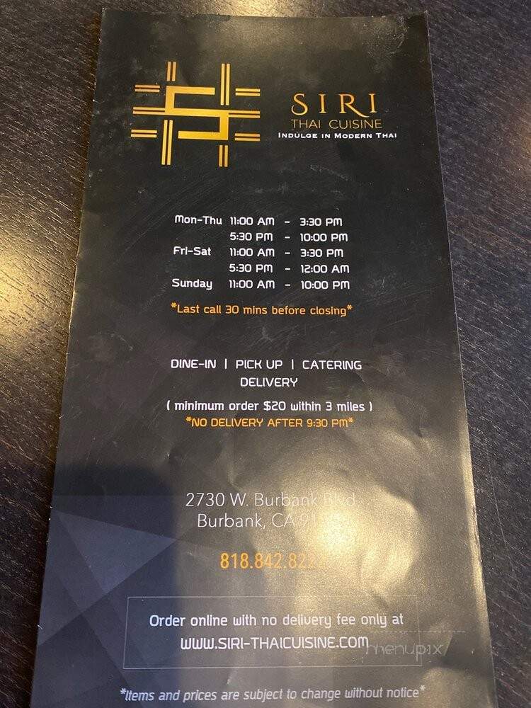 Siri Thai Cuisine - Burbank, CA menu_pic