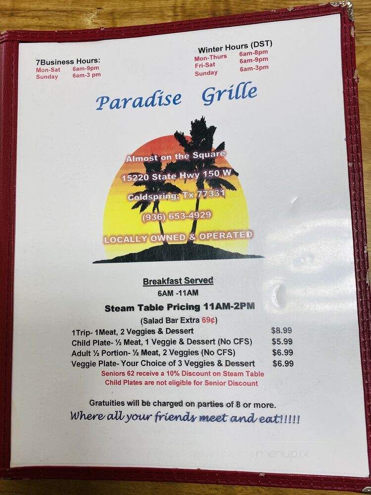 Paradise Grill - Coldspring, TX menu_pic