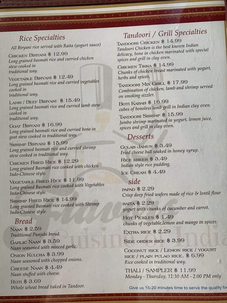 Flavors Cuisine Of India - Starkville, MS menu_pic