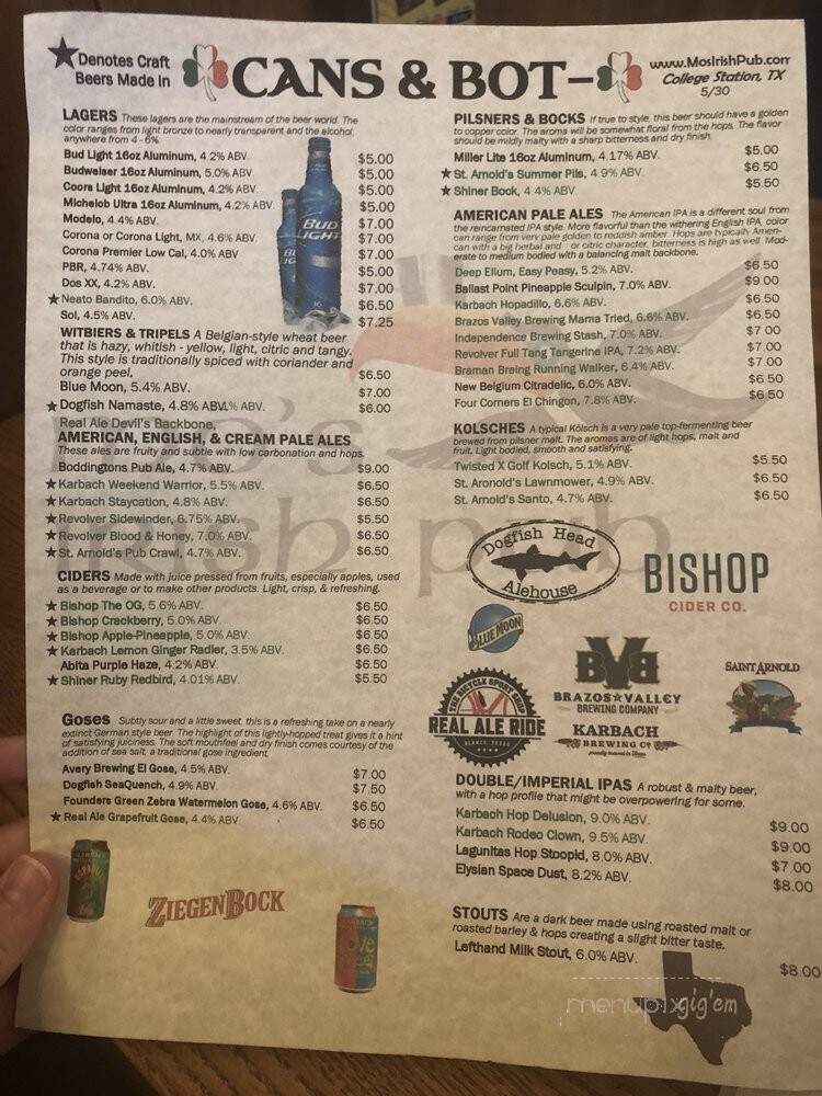 Mo's Irish Pub - College Station, TX menu_pic