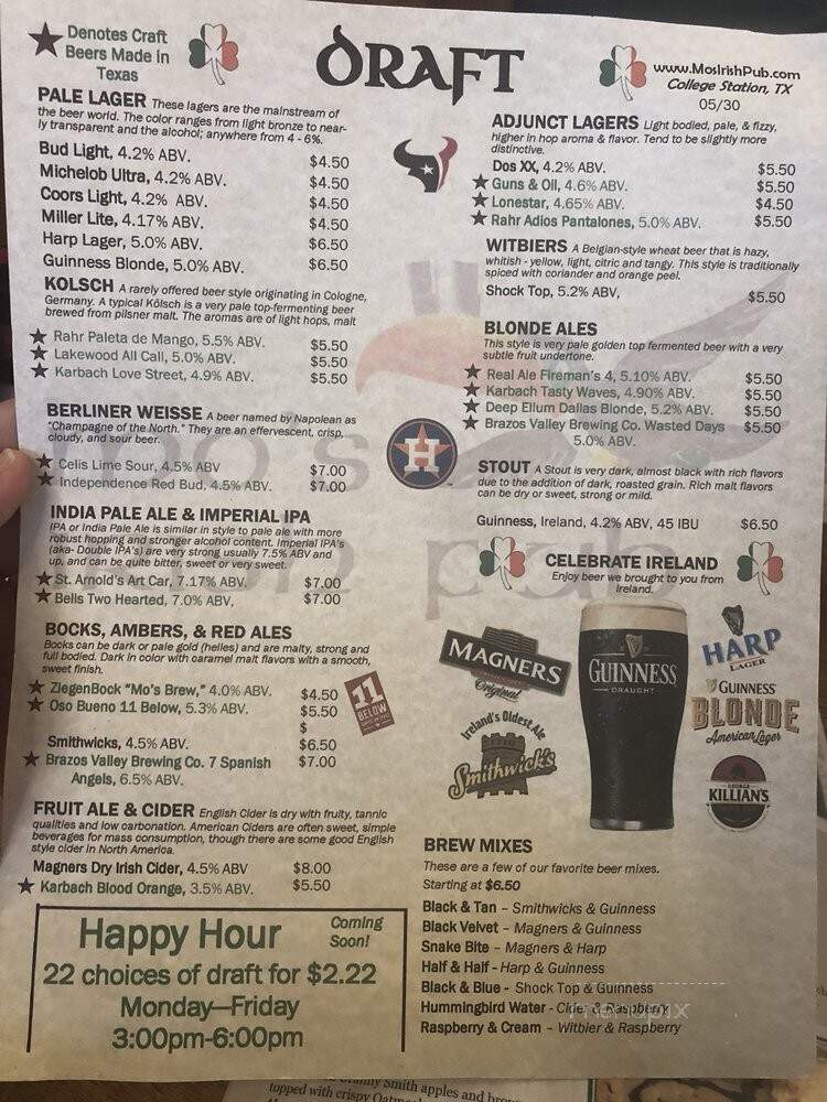 Mo's Irish Pub - College Station, TX menu_pic