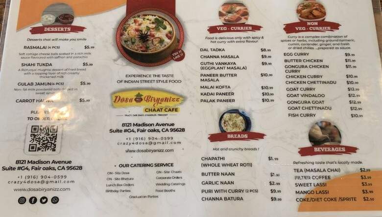 Dosa Biryanizz Chaat Cafe - Fair Oaks, CA menu_pic