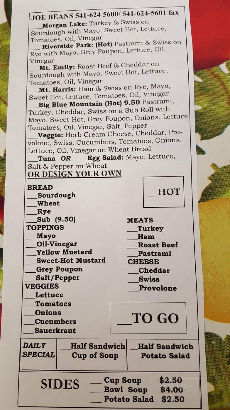 Joe Beans - La Grande, OR menu_pic