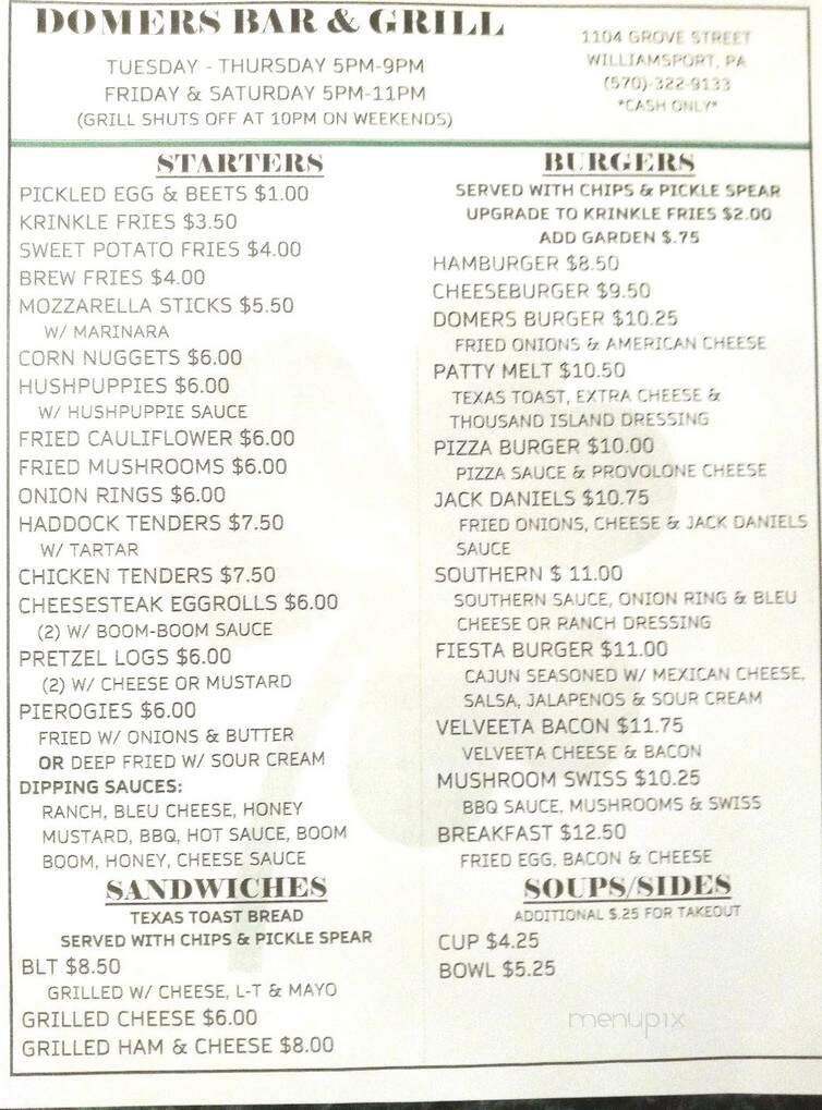 Domers Bar & Grill - Williamsport, PA menu_pic
