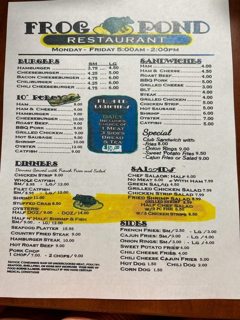 Frog Pond Restaurant - Tylertown, MS menu_pic