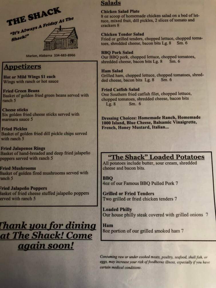 Shack - Marion, AL menu_pic