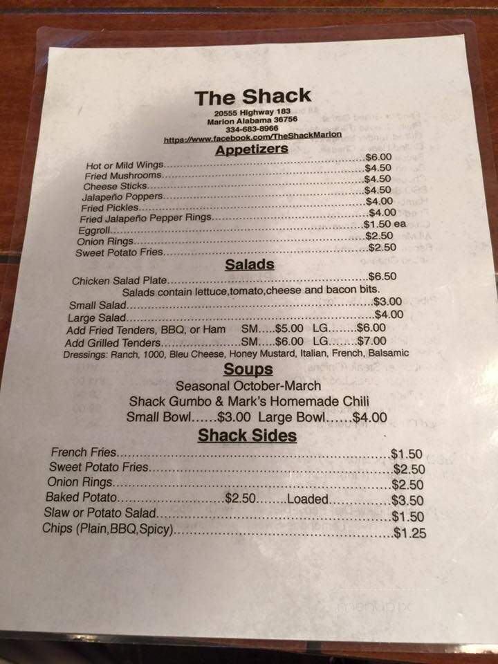 Shack - Marion, AL menu_pic