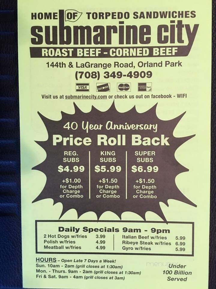 Submarine City - Orland Park, IL menu_pic