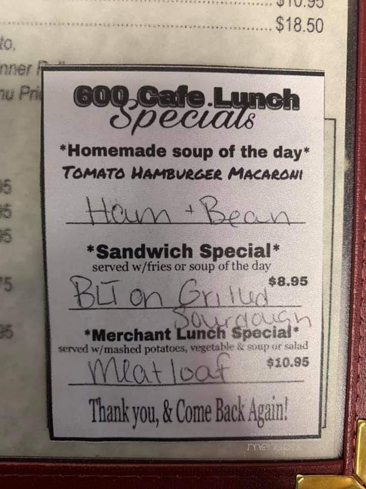 600 Cafe - Miles City, MT menu_pic
