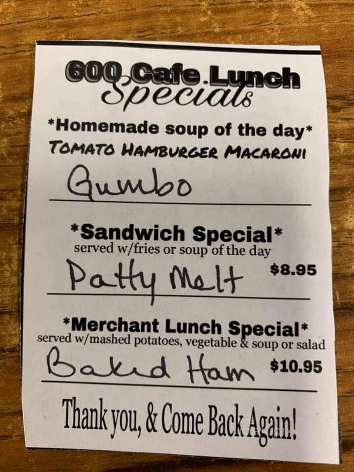 600 Cafe - Miles City, MT menu_pic