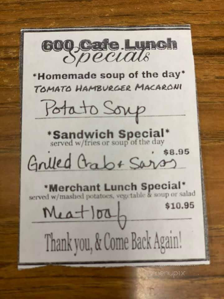 600 Cafe - Miles City, MT menu_pic