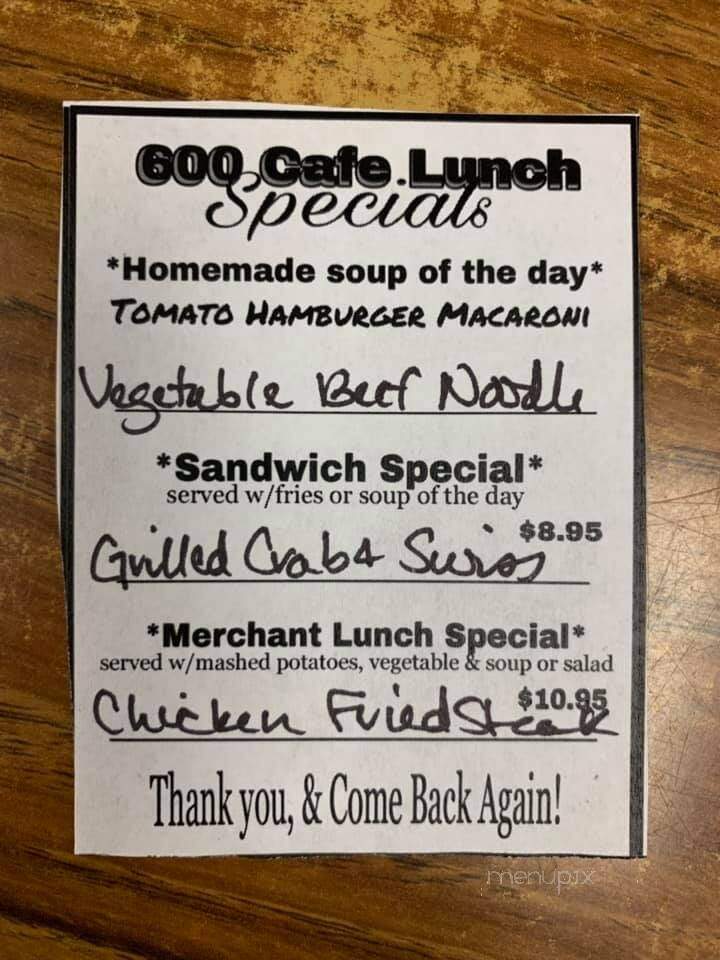 600 Cafe - Miles City, MT menu_pic