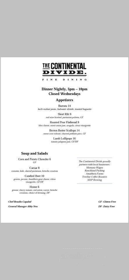 Continental Divide Restaurant - Ennis, MT menu_pic