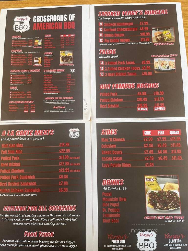 Yergy's State Road BBQ - Bluffton, IN menu_pic