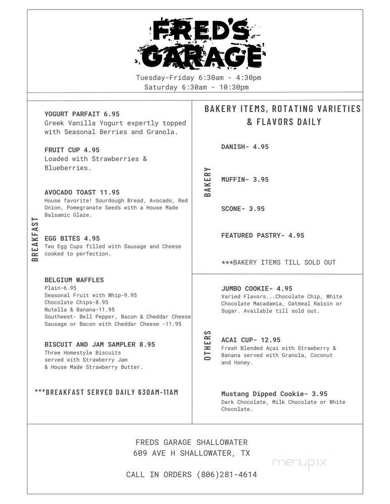 Freds Garage - Shallowater, TX menu_pic